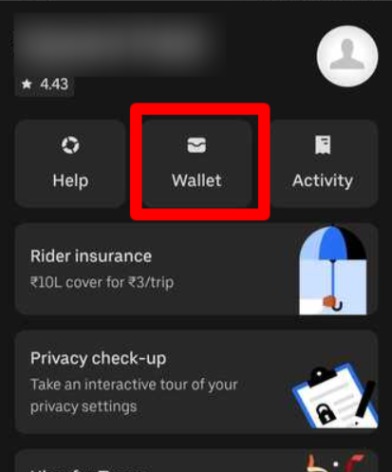 Uber Wallet Icon in Uber App