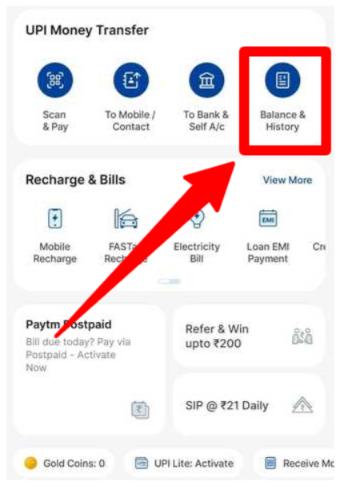 Click On balance & history on Paytm
