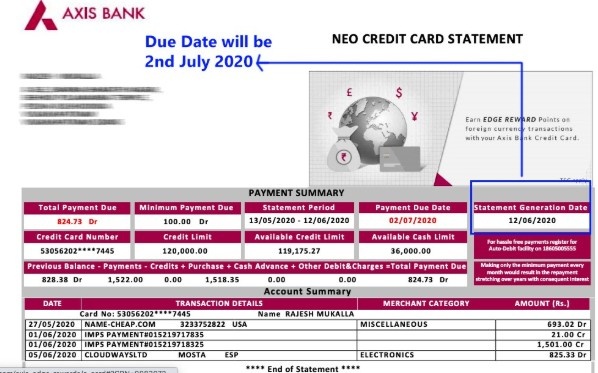 Monthly credit card statement Monthly credit card statement