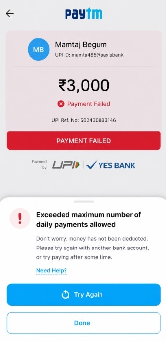 UPI limit exceeded UPI limit exceeded